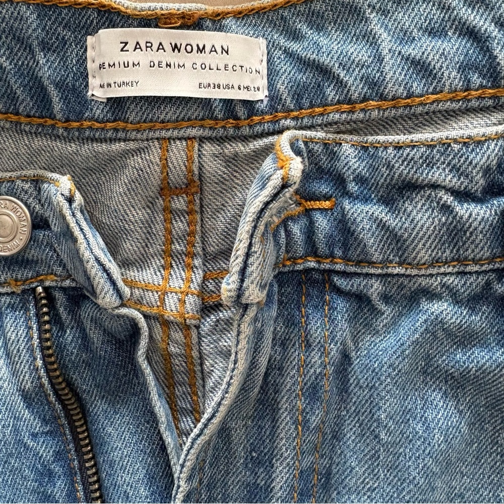 Zara Premium Denim Deconstructed Slanted Waistband Mid Blue Jeans Size US 6 NWOT - Picture 11 of 11